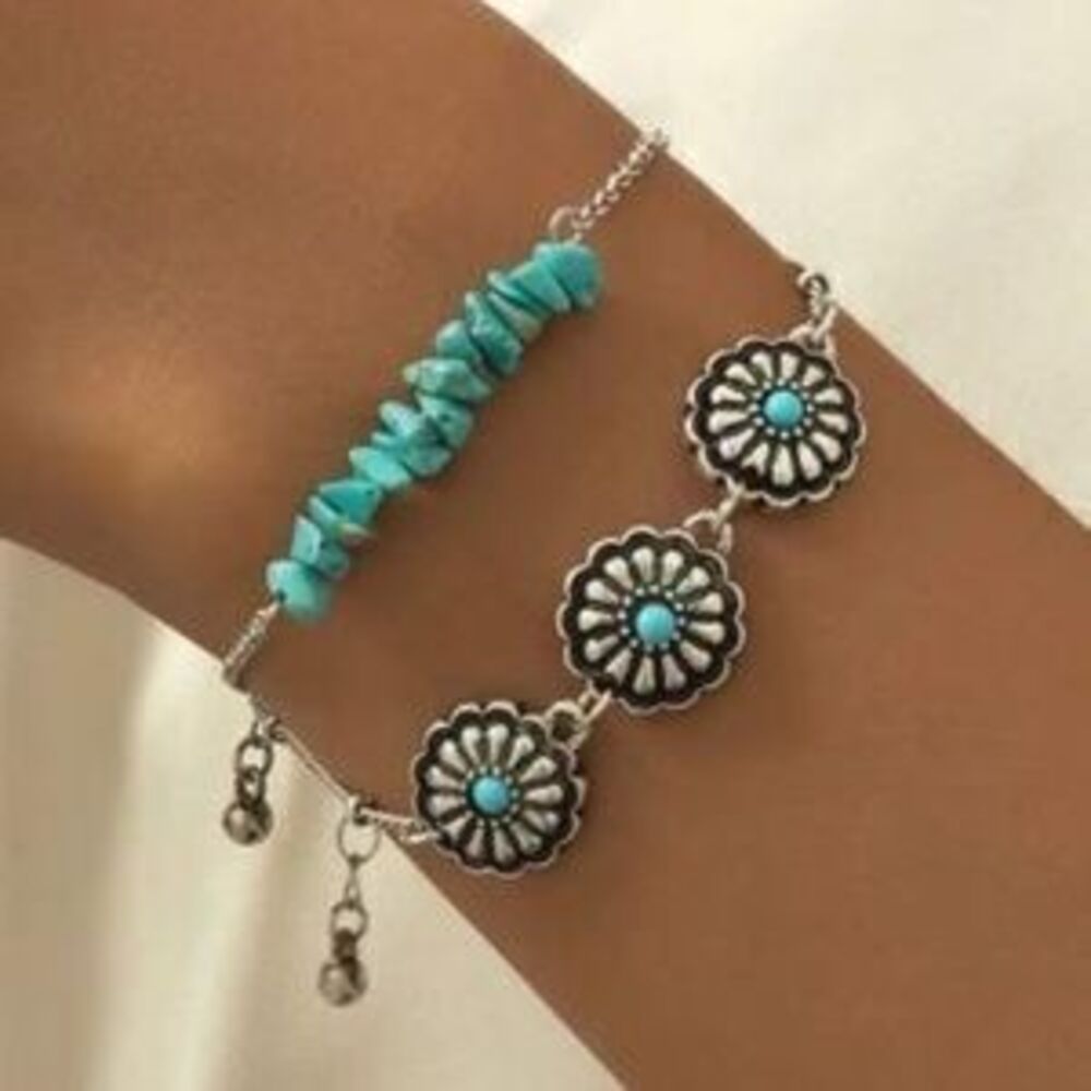 Silver Tone Antique Look Turquoise Flower Bracelet Set